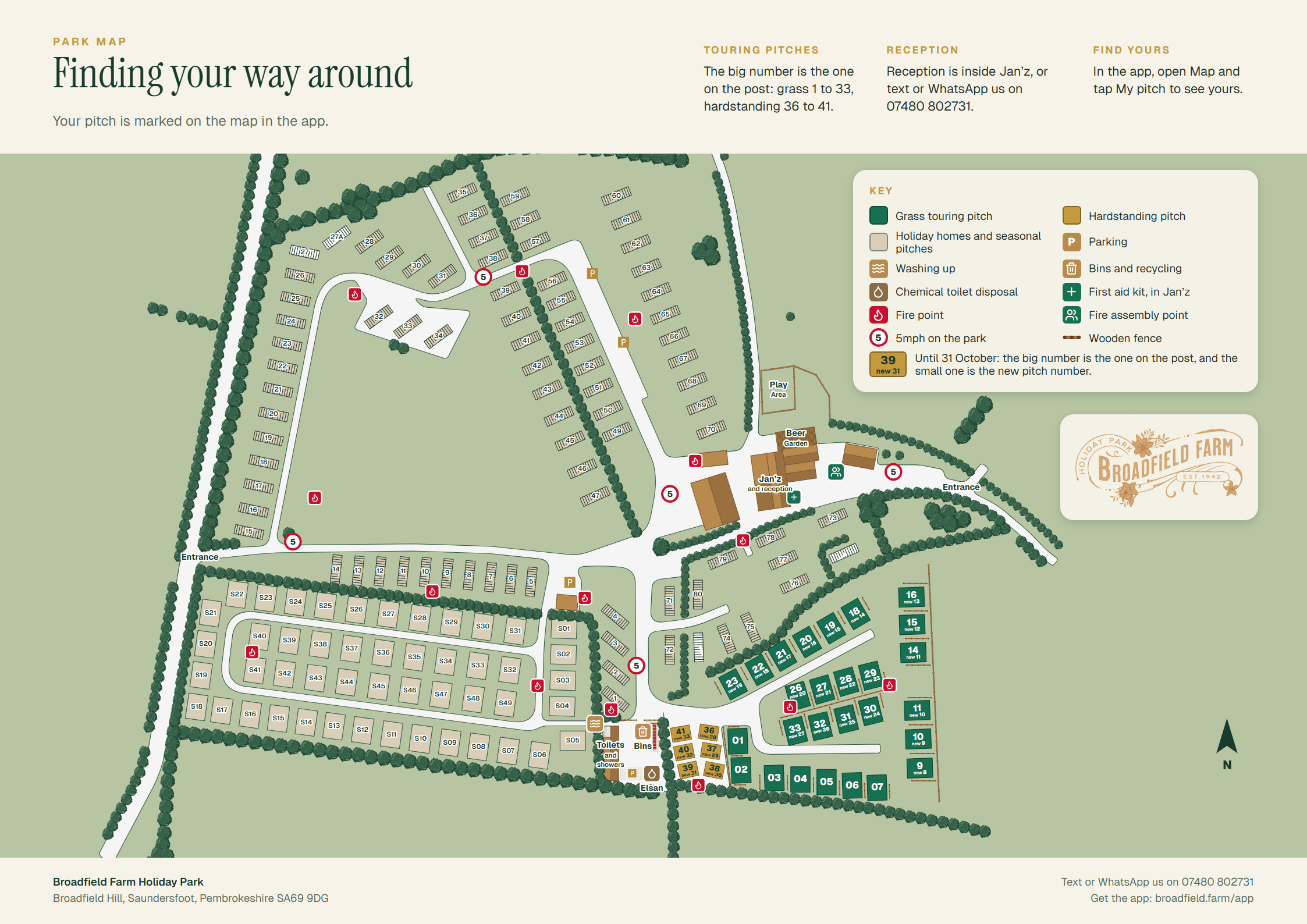 The Broadfield Farm park map: every touring pitch, holiday home and seasonal pitch by number, the roads, Jan'z, the toilets and showers, and the key.