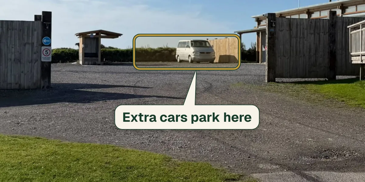 The gravel parking area by the toilet block, with the back of it outlined in gold and a label saying Extra cars park here.