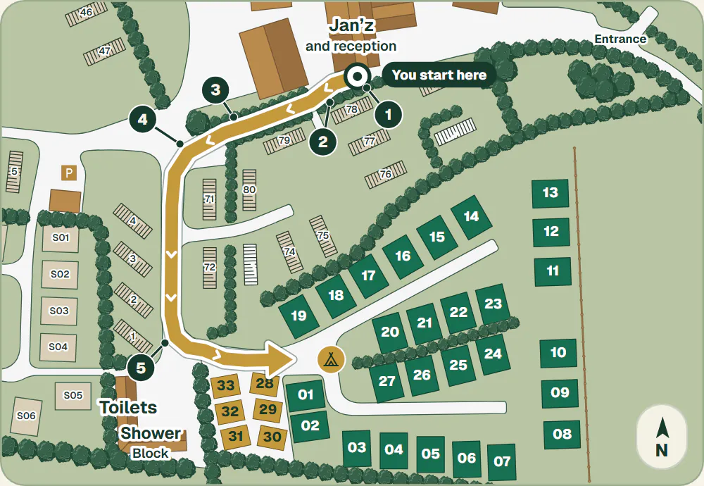 The park map with the way from Jan’z to the camping field drawn in gold: 1, check in at Jan’z; 2, up the lane by Jan’z; 3, straight up the lane; 4, turn left at the blue sign; 5, the second left, by the toilets and showers, then the camping field.